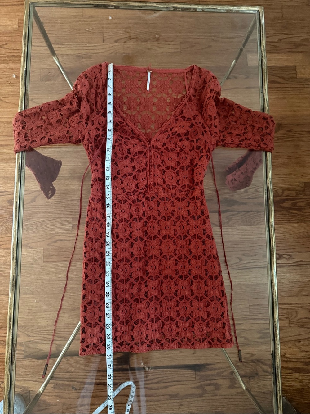Free People Rust Crochet Lace Bell Sleeve Lined Festival Boho Mini Dress Sz 0 - Picture 10 of 15